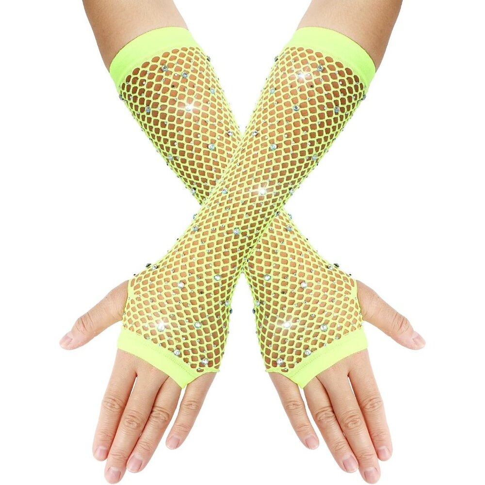 Women's Yellow Punk Fish Net Arm Sleeve Rhinestone Gloves Costume Halloween
